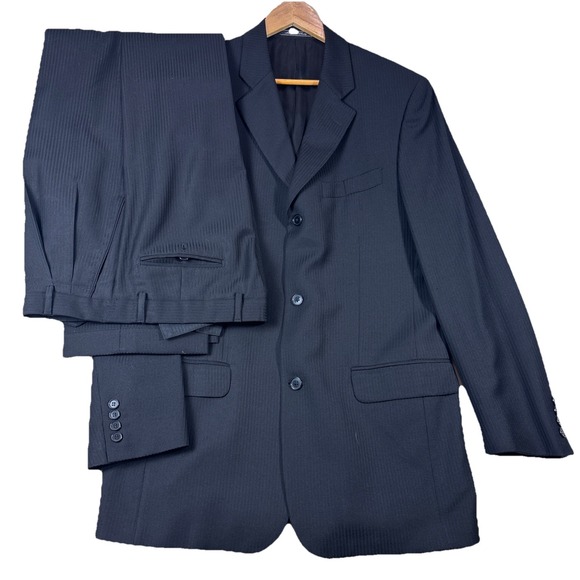 Bachrach Made In Italy 100% Wool Black Suit Jacket 40R Pleated Cuff Pants 34x31